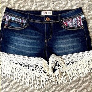 lei Dark Indigo Denim Shorts with White Crochet Fringe & Multicolor Pocket Trim